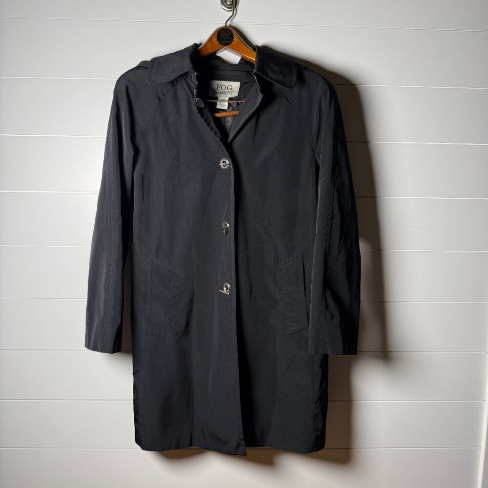 London Fog Black Toggle Trench Coat Removable Hood Size Medium